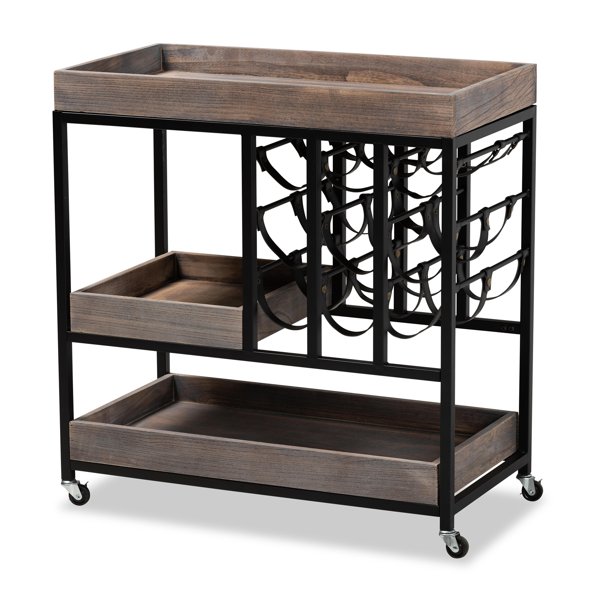Baxton Studio Laine Modern Industrial Charcoal Finished Wood and Black Metal Wine Cart Affordable modern furniture in Chicago, classic dining room furniture, modern kitchen cart, cheap kitchen cart